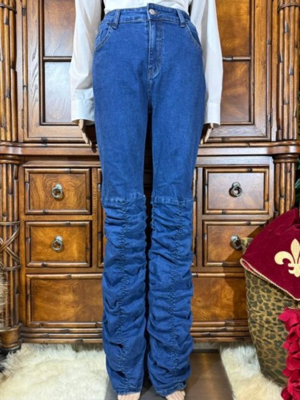 Shein Mid Indigo Wash Rouched Straight Leg Stretch Jean